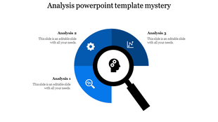 Three segmented semi circular diagram in blue tones with icons, and a black magnifying glass overlaying a head symbol.