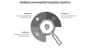 Analysis PPT slide with a magnifying glass and gray pie chart elements, divided into three analysis stages with icons.