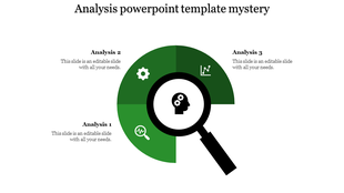 Green themed template showing three stages of analysis, each with a relevant symbol inside the magnifying glass.