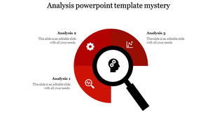 Red and black diagram with a magnifying glass focusing on three analysis sections with icons inside.