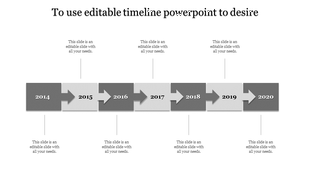 PowerPoint timeline template with gray color scheme, featuring arrows connecting years 2014 through 2020 with text.