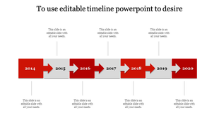 PowerPoint timeline template with red and gray color scheme, featuring arrows connecting years 2014 through 2020 with text.