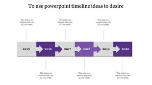 Rectangular timeline with colored arrows marking years 2015 to 2020 connected to caption areas placed in a white backdrop.