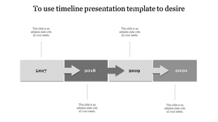 Timeline PowerPoint slide featuring years 2017 to 2020 with grey arrows and placeholder text.