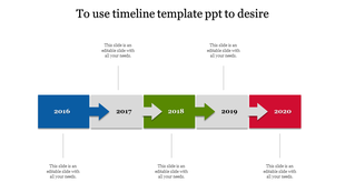 Timeline PowerPoint template showing years 2016 to 2020, with placeholder text and multi color arrows between each year.