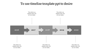 Timeline with gray arrows indicating years from 2016 to 2020, with text fields below and above each year.