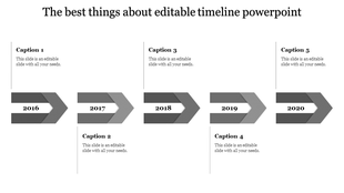 Timeline design with five gray arrows, each pointing to a different year from 2016 to 2020, paired with captions.