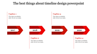 Timeline PowerPoint slide with red arrows representing the years 2017 to 2020, along with captions and placeholder text.