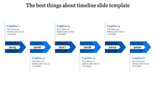 Timeline PowerPoint slide with blue arrows indicating years from 2015 to 2020, along with captions for each year.