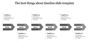 Grayscale timeline with six years marked by arrows, each followed by a caption block for text.