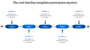 Blue timeline with rectangular blocks for the years 2016 to 2020, connected by gray lines, with captions.