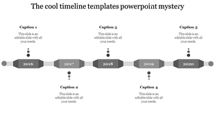 Horizontal timeline with purple hexagons marking years 2016 to 2020, connected by gray lines and dotted captions.