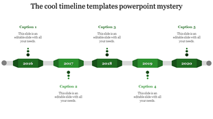 Timeline design slide with green markers indicating the years 2016 to 2020, featuring captions for each year.
