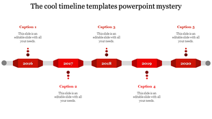 Timeline design slide with red markers indicating the years 2016 to 2020, featuring captions for each year.