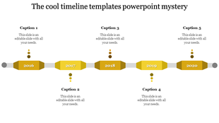 Series of five yellow timeline markers for the years 2016 to 2020, connected by gray lines, each with captions.