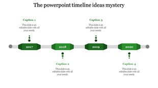Horizontal timeline with red hexagonal milestones labeled 2017, 2018, 2019, and 2020 connected by gray lines.