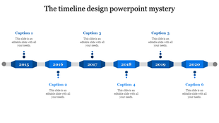 Timeline with blue rectangular blocks for each year from 2015 to 2020, connected by gray lines, and labeled with captions.