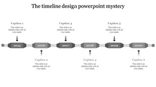 Timeline with gold and yellow hexagons for years 2015 to 2020, linked by gray connectors and dotted milestones.