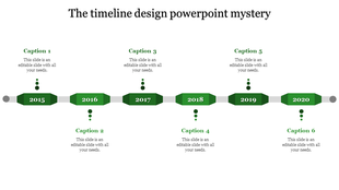 A sleek slide showcasing a timeline design, illustrating key years from 2015 to 2020 with captions for each milestone.