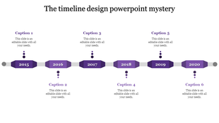 Series of six purple rectangles marking years 2015 to 2020, connected by gray lines, each with captions.