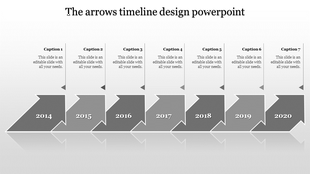 Timeline with gray arrows for the years 2014 to 2020, each with a corresponding caption box above.