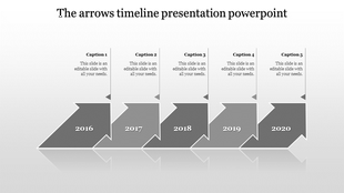 Timeline design slide with grey arrows marking the years 2016 through 2020, featuring space for captions.