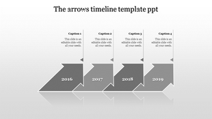 Timeline PPT template with grey arrows for the years 2016 to 2019, each with corresponding caption fields.