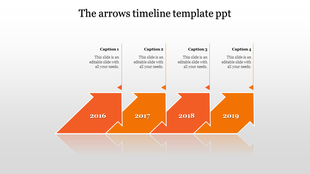 Four step arrows timeline with bold colors representing 2016 to 2019 in blue, red, blue, and green.