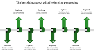 Eight green upward and downward arrows in a line, connected by grey bands with circular ends, on a white background.