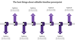 PowerPoint slide featuring a timeline with eight captions and arrows in purple, marking key years.
