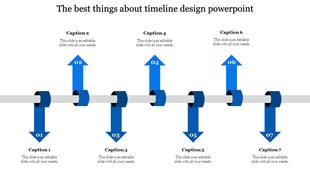 Timeline diagram with alternating purple arrows, with caption areas numbered 01 to 07 along a central gray line.