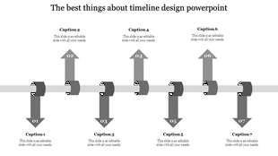 PowerPoint template with a grey arrows timeline design, showing seven years with numbered sections and captions.