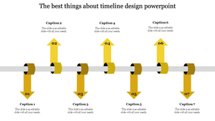 Seven yellow arrows pointing upwards and downwards, with circular links, displayed along a grey timeline.
