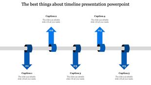 Timeline template featuring five alternating blue arrows on a gray bar, each linked to a captions up and down.