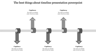 Timeline diagram showing five purple arrows numbered 01 to 05 along a central gray line.
