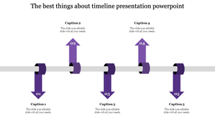 Horizontal timeline with five multicolored arrows numbered 01 to 05, connected to caption boxes above and below.