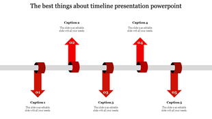 A red timeline PowerPoint template featuring five arrows with captions for each year and text sections.