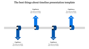 Timeline diagram showing four purple arrows numbered 01 to 04 along a central gray line placed in white background.