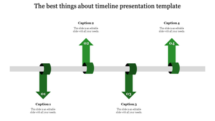 Horizontal timeline with four green arrows looping around a gray bar, alternating above and below in a structured layout.