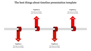 A timeline design template featuring red arrows pointing upward and downward with numbered steps and captions.
