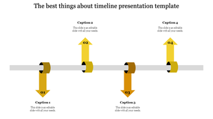 Timeline infographic with four vertical yellow arrows wrapping around a central gray axis, pointing up and down.