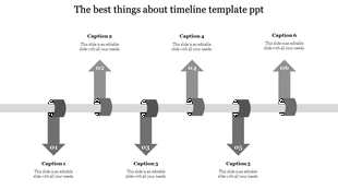 A modern timeline PowerPoint template with six steps, using gray arrows for each stage with captions.