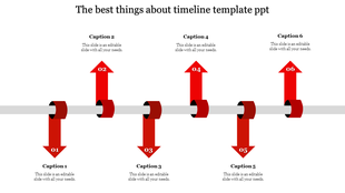 Modern timeline with six numbered red arrows wrapping around a horizontal bar, each linked to a caption.