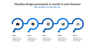Blue themed timeline PPT slide with circular markers for the years 2015 to 2019, featuring icons for business milestones.