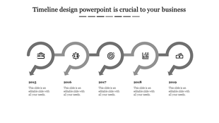 Gray toned timeline with arrows and icons, representing years 2015 to 2019, each marked by a unique icon.