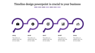 Purple themed timeline with arrows and icons indicating business steps over five years, from 2015 to 2019.