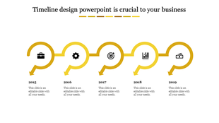 A yellow themed timeline PowerPoint design with arrows for the years 2015 to 2019, featuring business related icons.