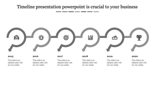 Timeline PPT slide with grey arrows for the years 2015 to 2020, featuring icons for business milestones with text area.