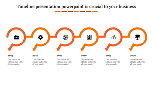 Horizontal business timeline in yellow theme featuring icons above years and curved connecting arrows.