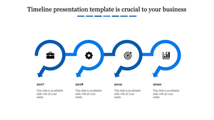 Blue curved arrows connect four icons, each with a year, arranged horizontally in a timeline style.